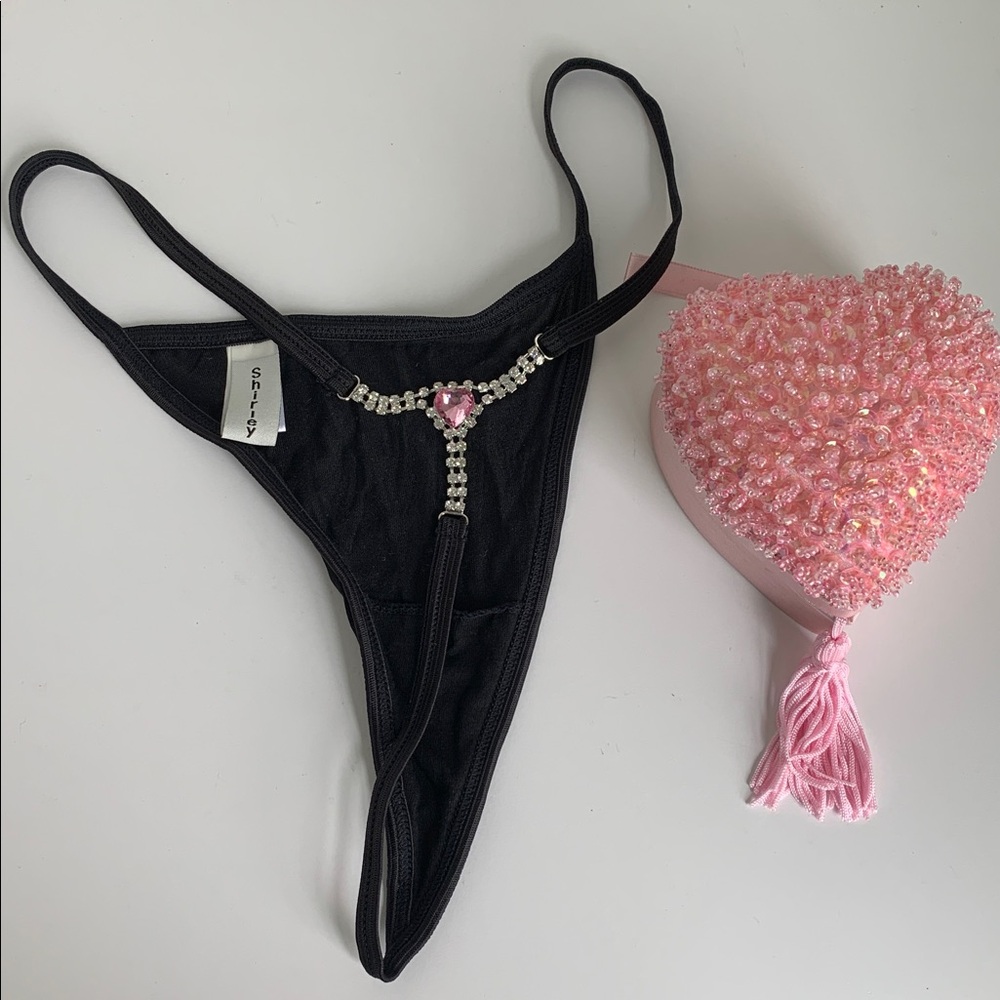 Y2K Vintage Shirley of Hollywood Rhinestone silk thong w/ Pink Heart Beaded Case